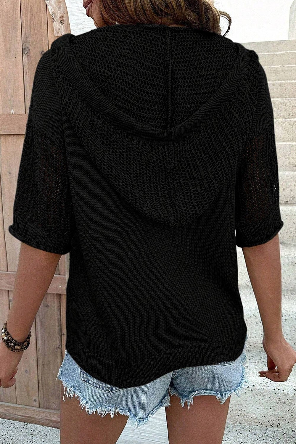 Drawstring Half Sleeve Hooded Sweater