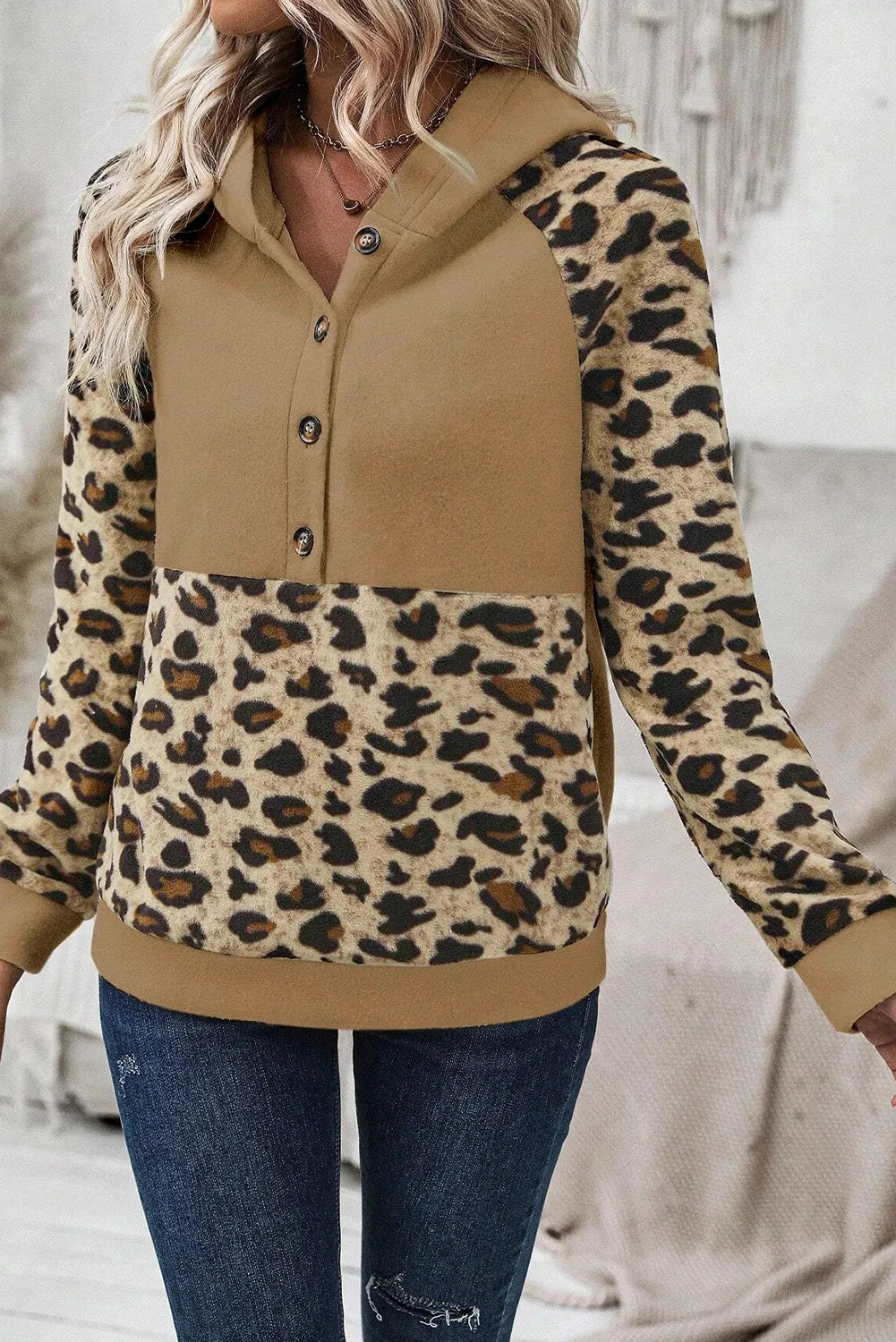 Leopard Half Button Long Sleeve Hoodie