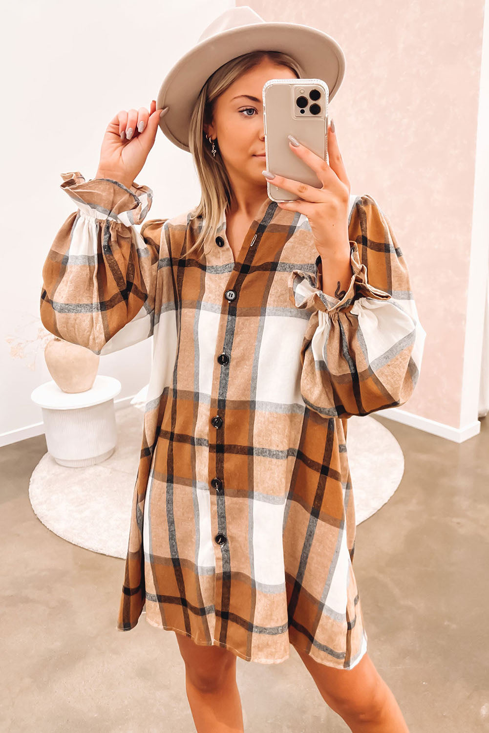 Khaki Plaid Shirt Dress