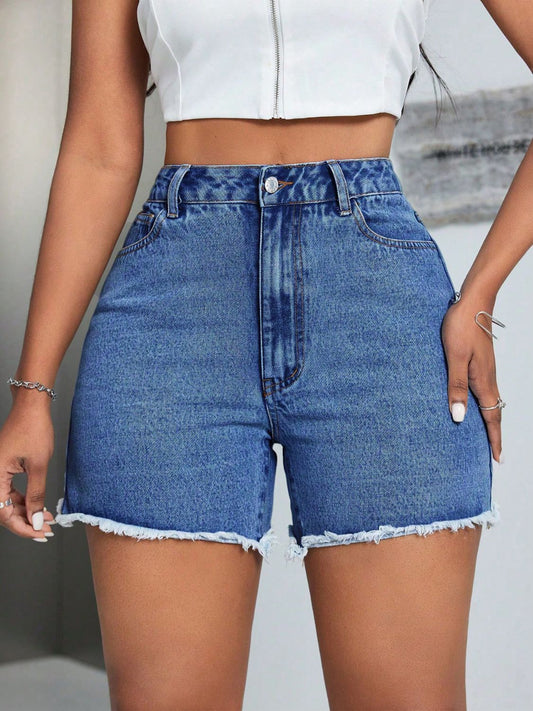 Raw Hem High Waist Denim Shorts - JassyBae