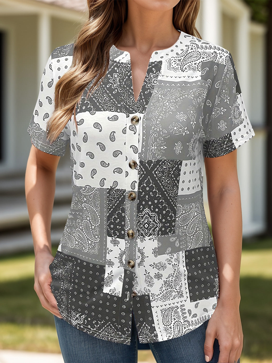 Printed Notched Short Sleeve Blouse - JassyBae