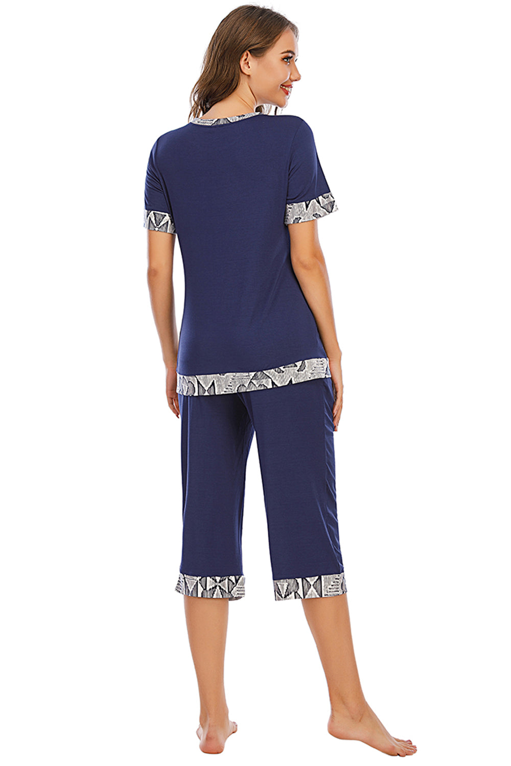 Round Neck Short Sleeve Top and Capris Pants Lounge Set - JassyBae