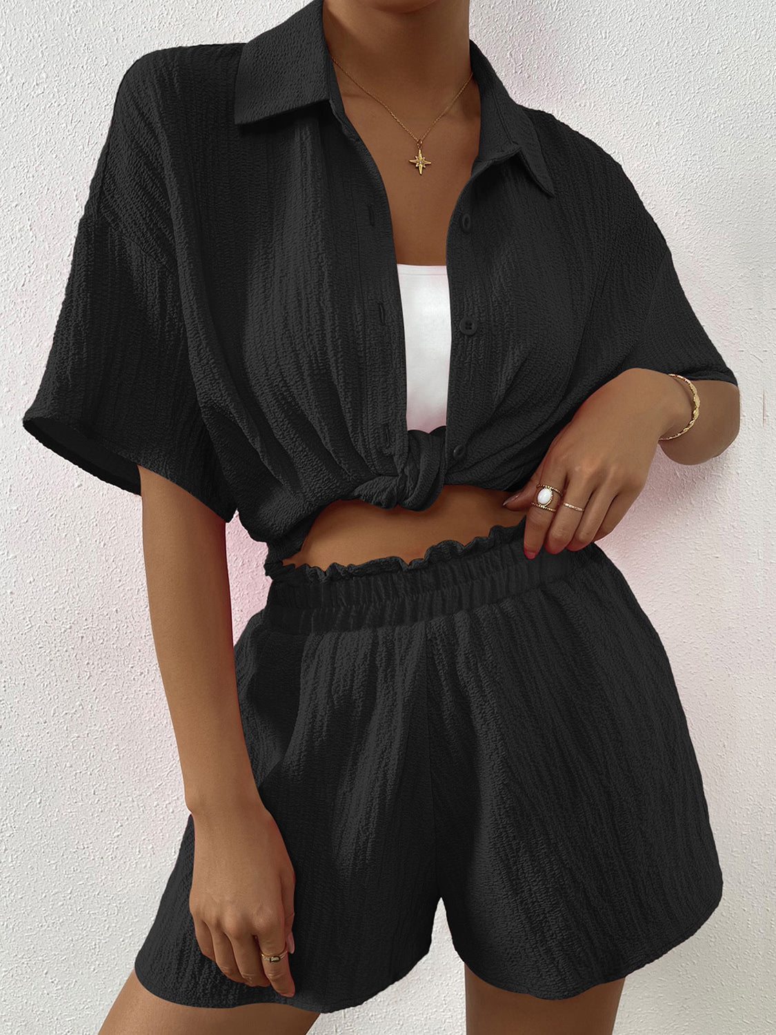 Button Up Half Sleeve Top and Shorts Set - JassyBae