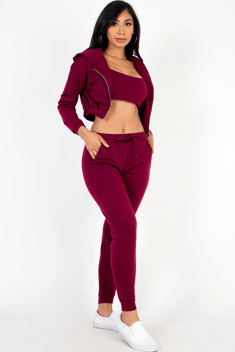 Cozy Chic French Terry Lounge Set: Zip-Up Jacket, Cropped Cami, and Joggers