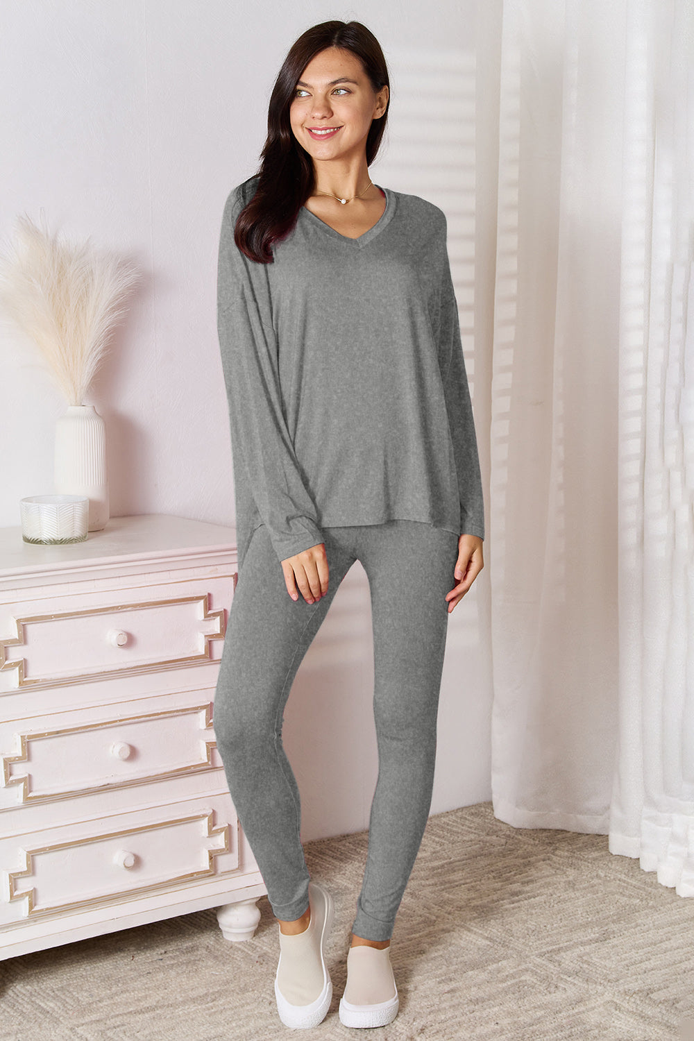 Basic Bae Bamboo Full Size V-Neck Long Sleeve Top and Pants Lounge Set - JassyBae