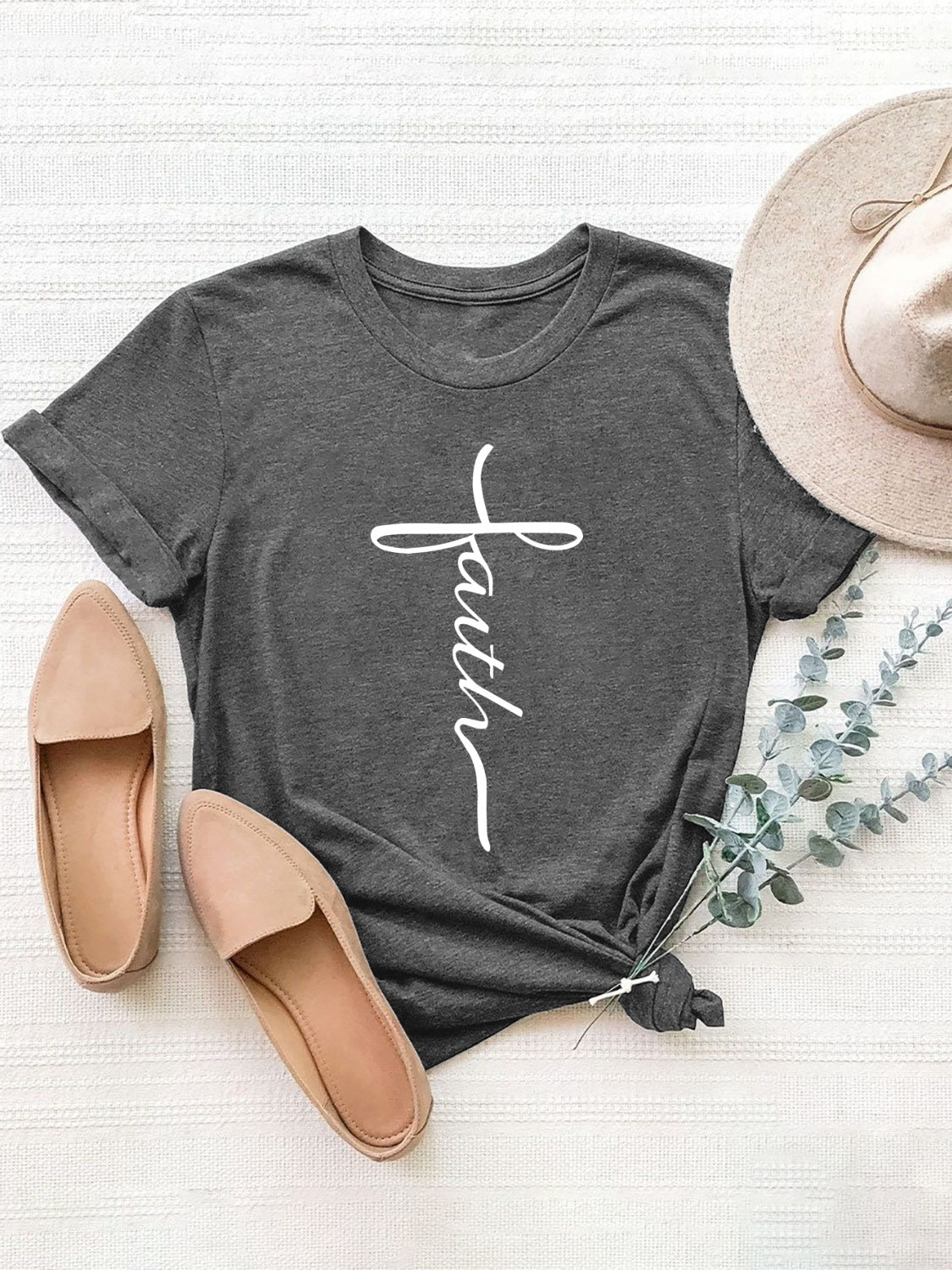 Letter Graphic Round Neck Short Sleeve T-Shirt - JassyBae