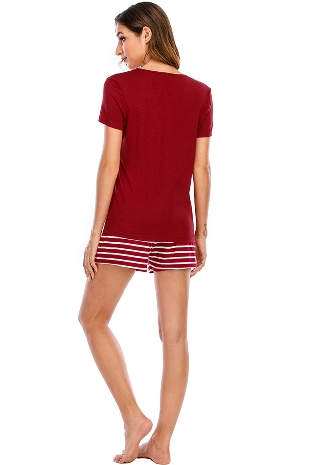 Graphic Round Neck Top and Striped Shorts Lounge Set - JassyBae