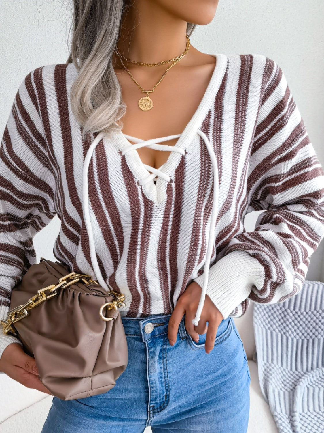 Striped Lace-Up Long Sleeve Sweater