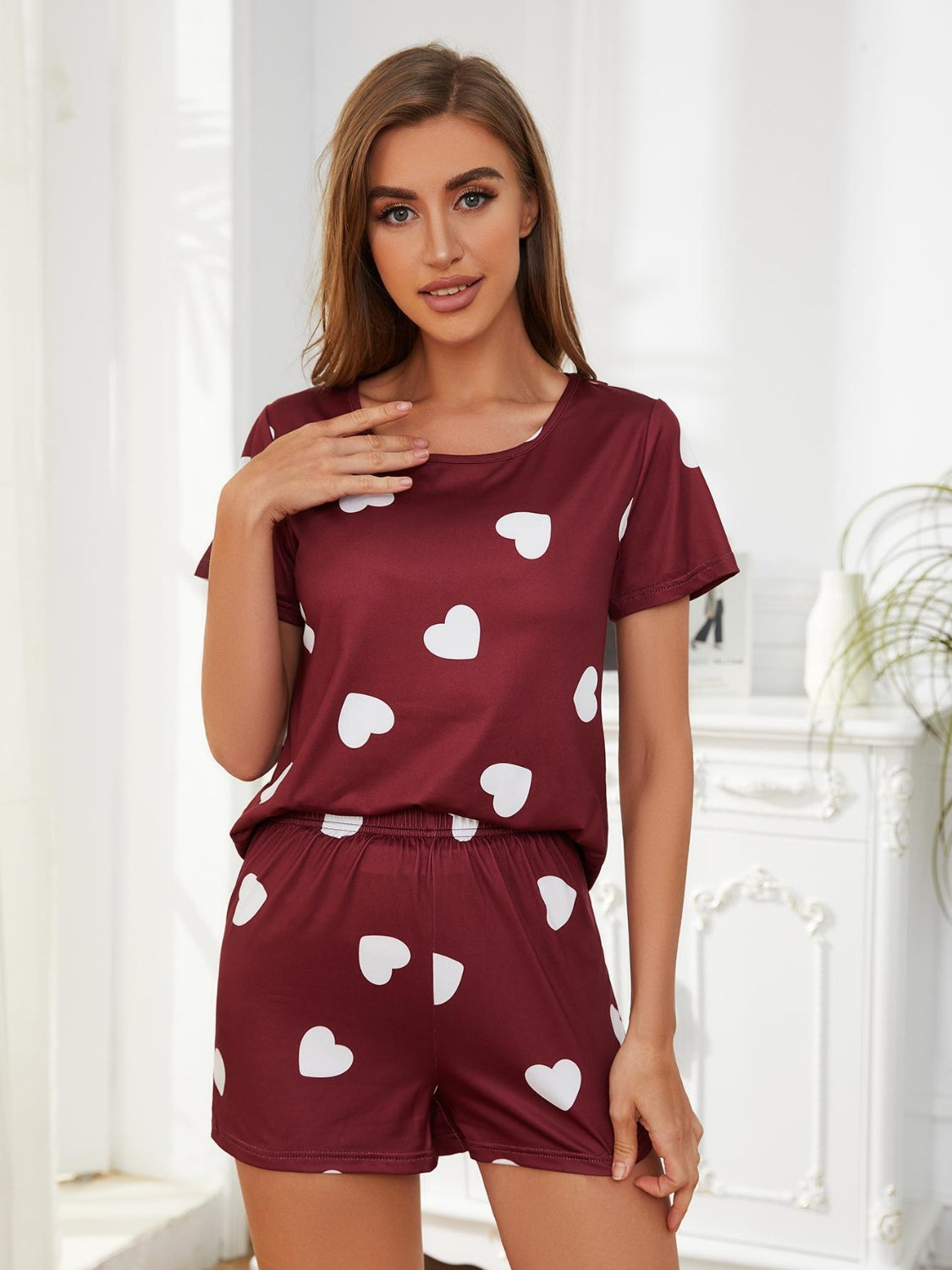 Heart Round Neck Top and Shorts Lounge Set - JassyBae