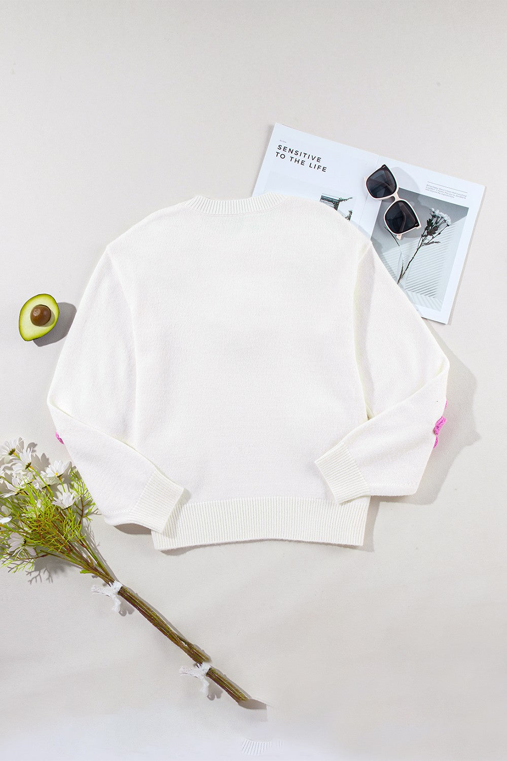 Crochet Flower Round Neck Long Sleeve Sweater - JassyBae