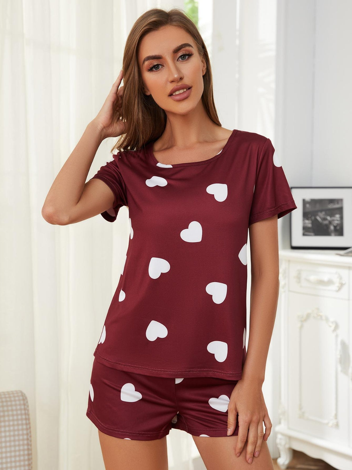 Heart Round Neck Top and Shorts Lounge Set - JassyBae