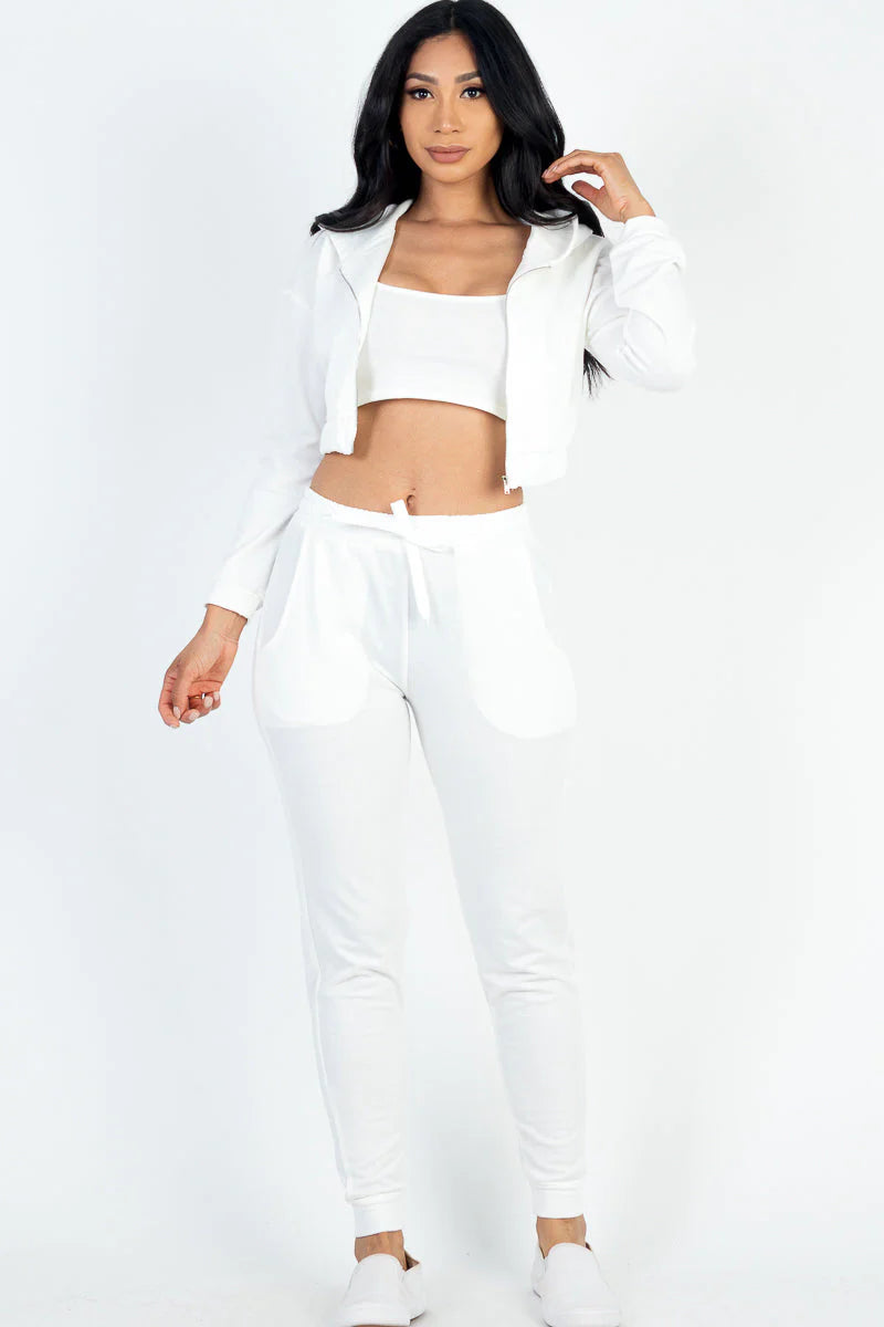 Cozy Chic French Terry Lounge Set: Zip-Up Jacket, Cropped Cami, and Joggers