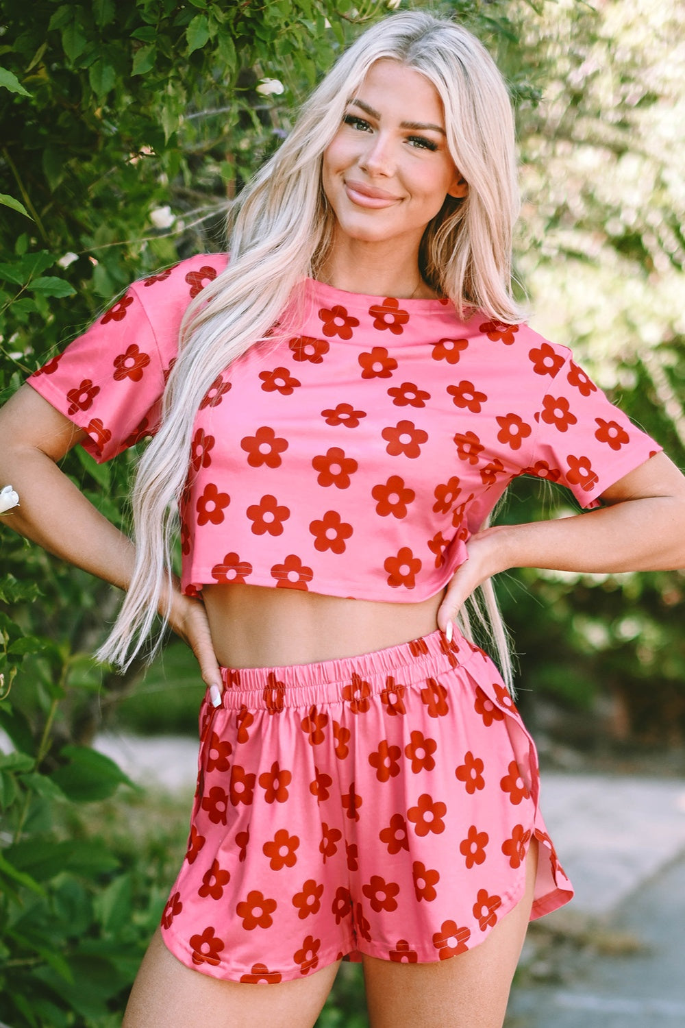 Flower Round Neck Top and Shorts Lounge Set - JassyBae