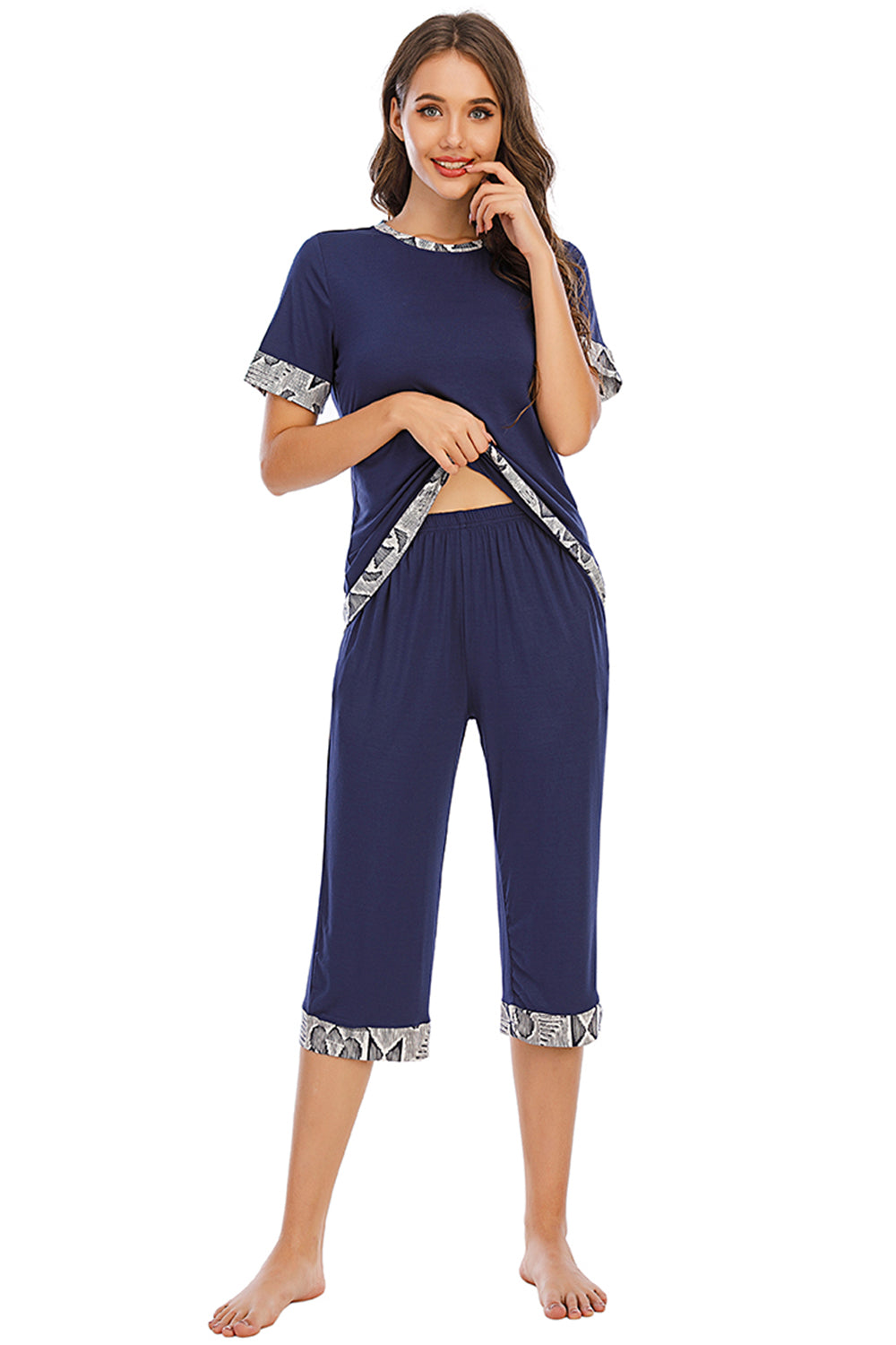 Round Neck Short Sleeve Top and Capris Pants Lounge Set - JassyBae