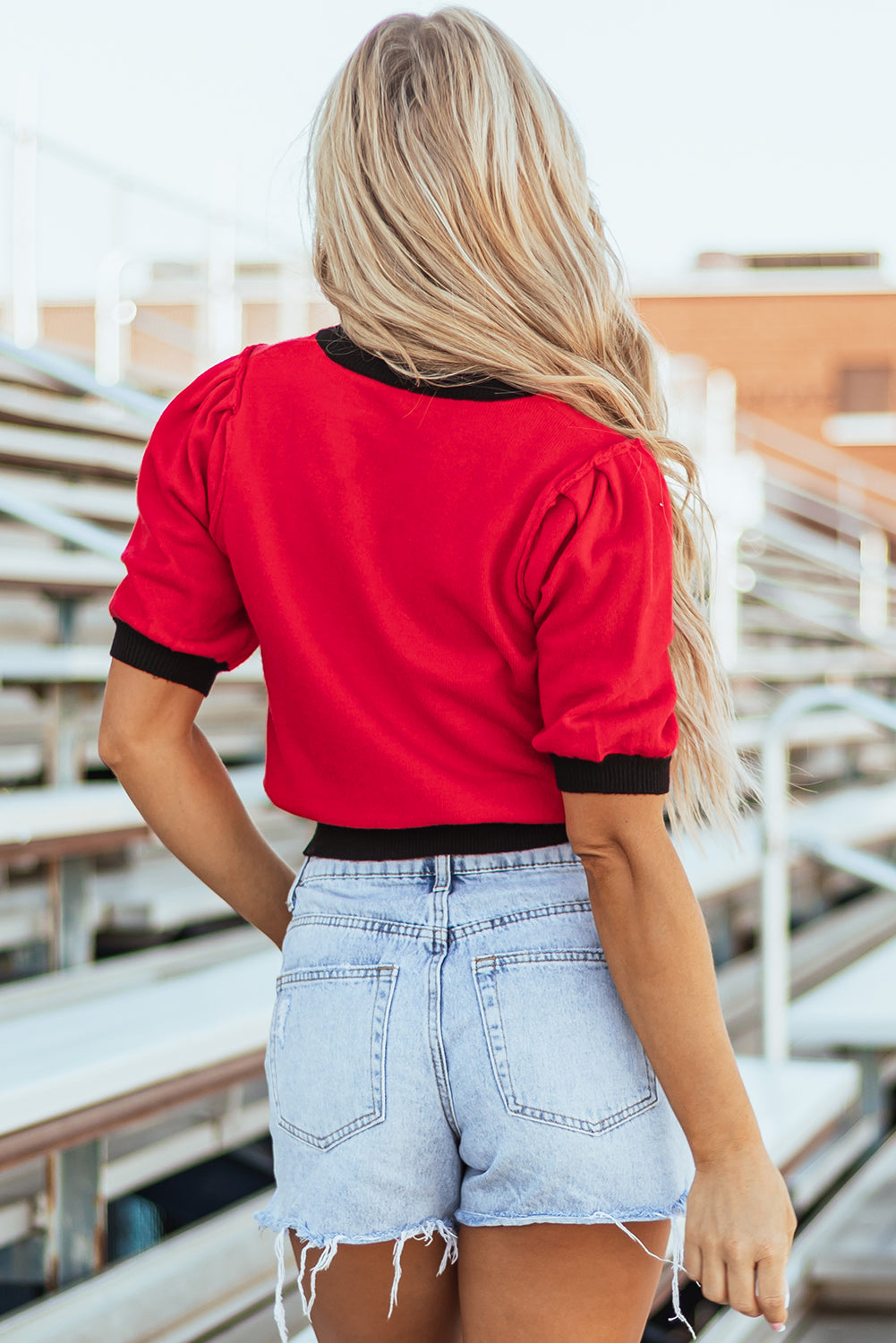 Red Sequin Puff Short Sleeve Sweater