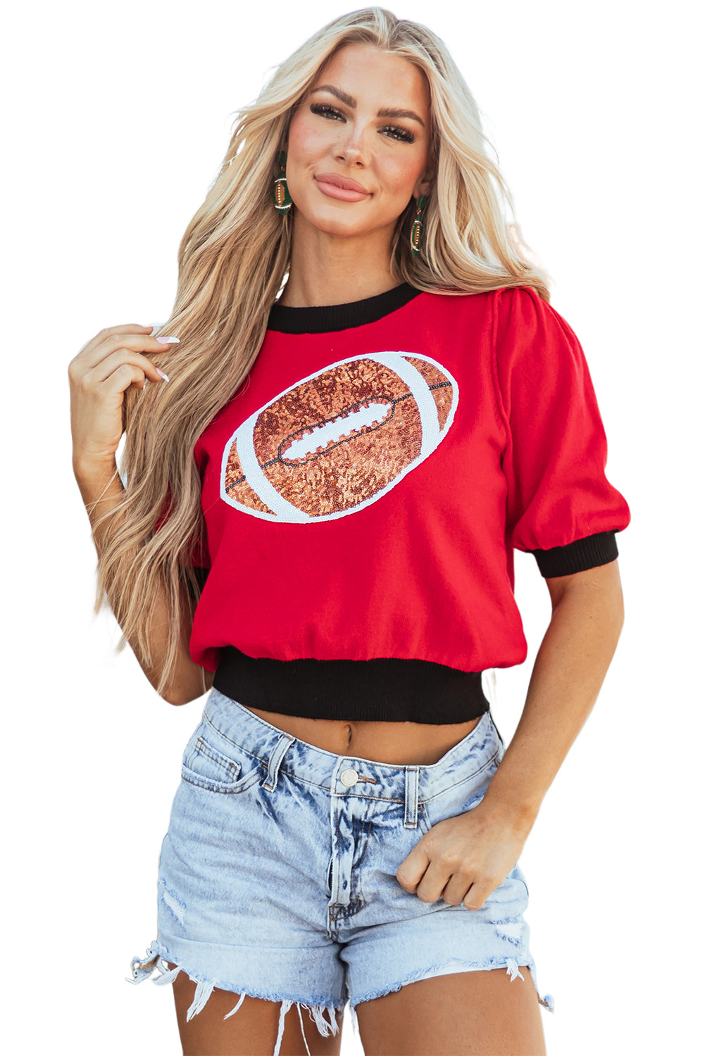 Red Sequin Puff Short Sleeve Sweater