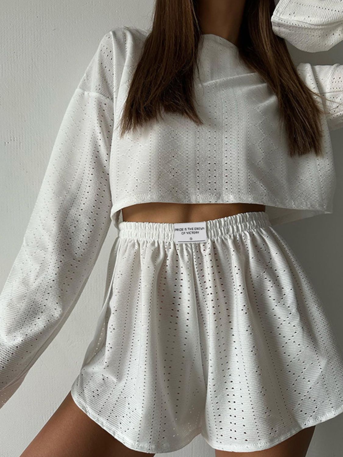 Eyelet Round Neck Top and Shorts Set - JassyBae