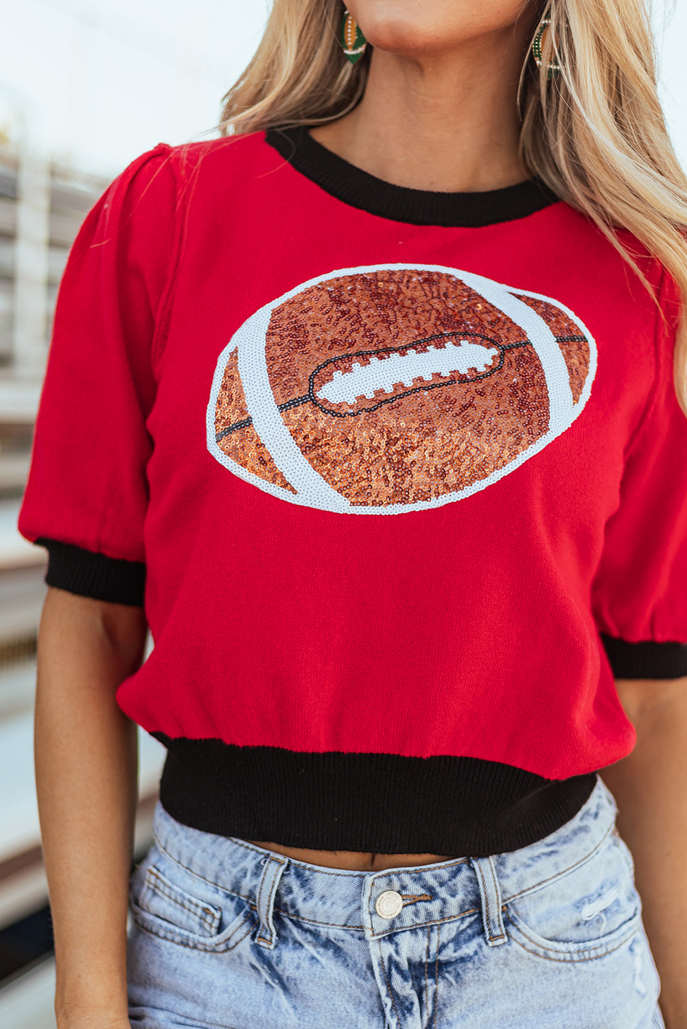 Red Sequin Puff Short Sleeve Sweater