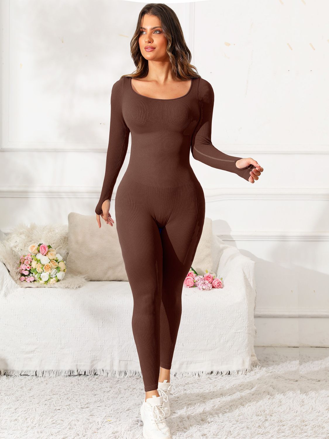 Scoop Neck Long Sleeve Active Jumpsuit - JassyBae