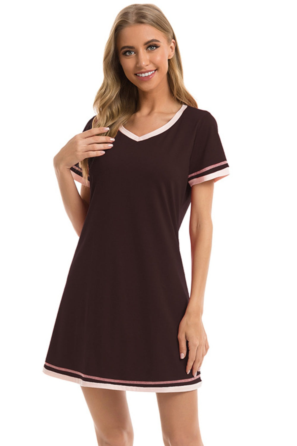 Contrast Trim Short Sleeve Lounge Dress - JassyBae