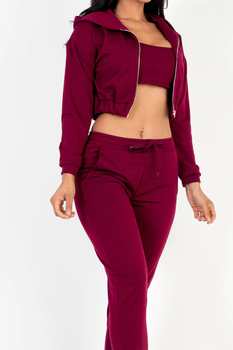 Cozy Chic French Terry Lounge Set: Zip-Up Jacket, Cropped Cami, and Joggers