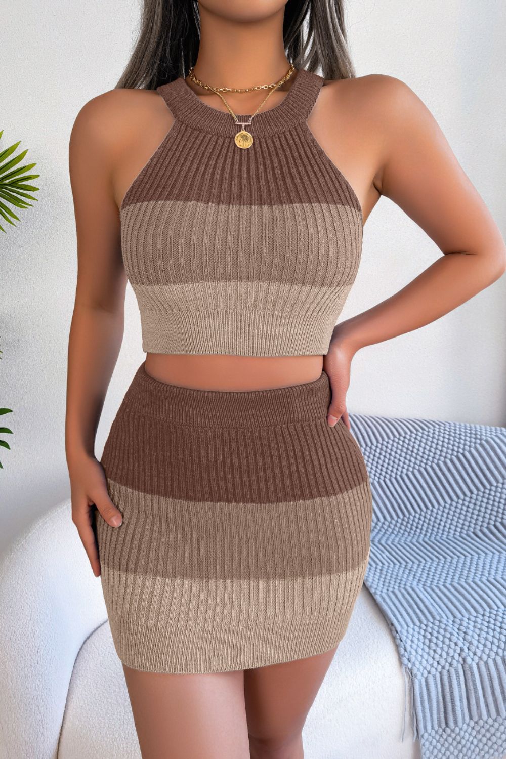 Color Block Sleeveless Crop Knit Top and Skirt Set - JassyBae