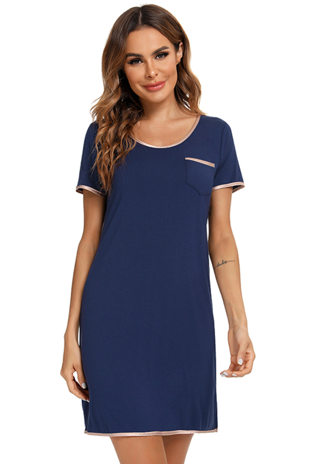 Contrast Trim Pocketed Round Neck Lounge Dress - JassyBae