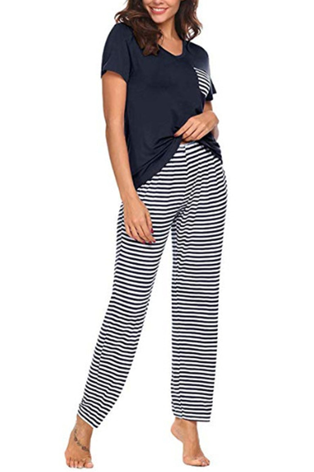 Pocketed Short Sleeve Top and Striped Pants Lounge Set - JassyBae