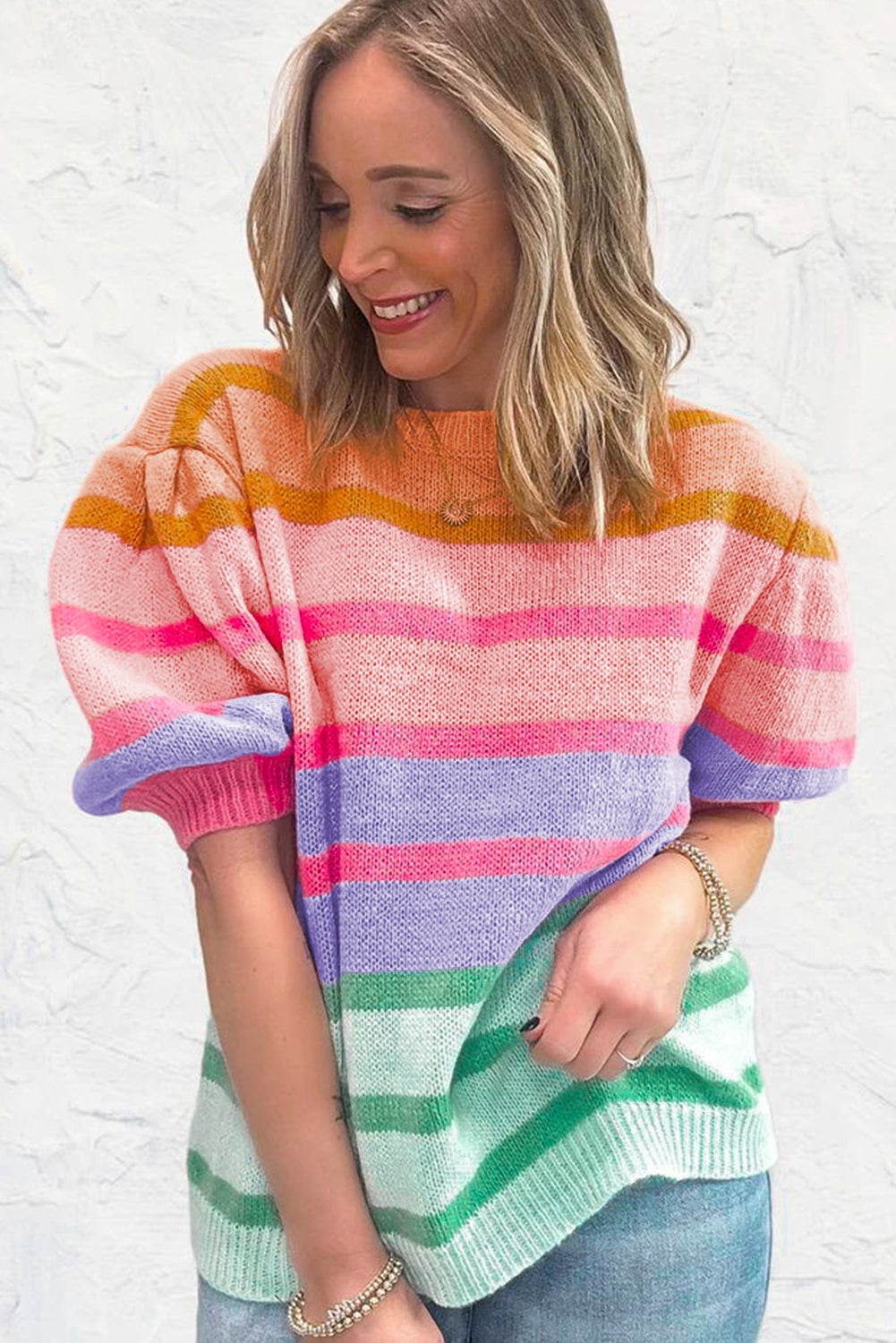 Rose Red Colorful Stripe Sweater