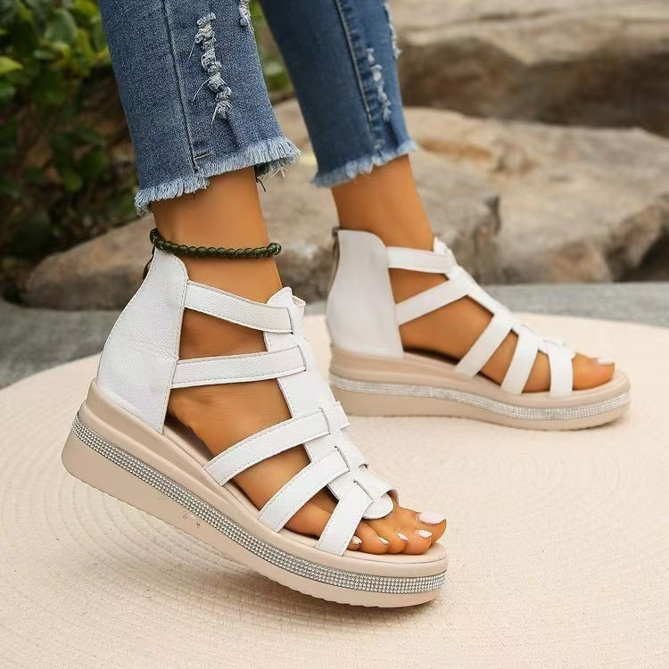 Cutout Rhinestone Trim Wedge Sandals - JassyBae