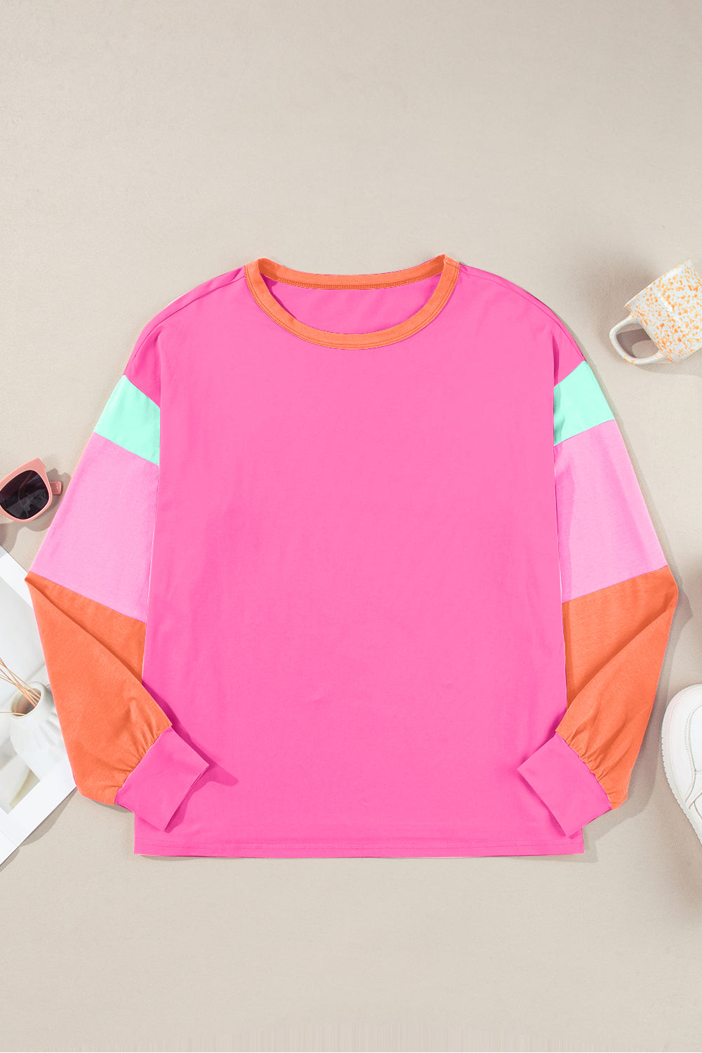 Color Block Round Neck Long Sleeve Top - JassyBae