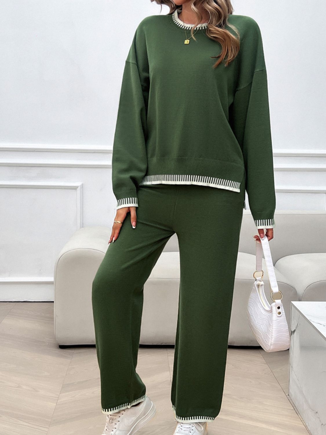 Round Neck Dropped Shoulder Top and Pants Sweater Set - JassyBae