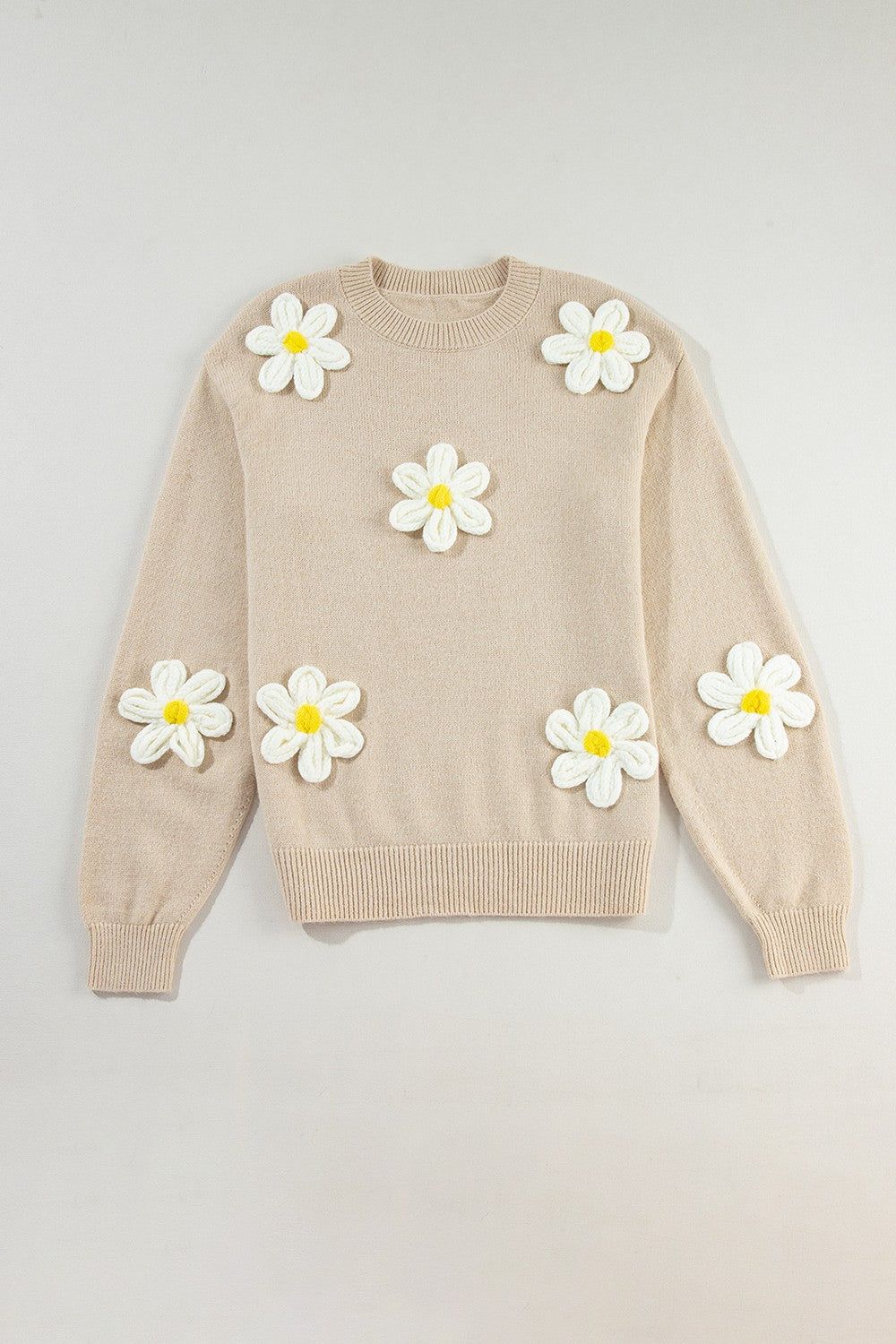 Crochet Flower Round Neck Long Sleeve Sweater - JassyBae