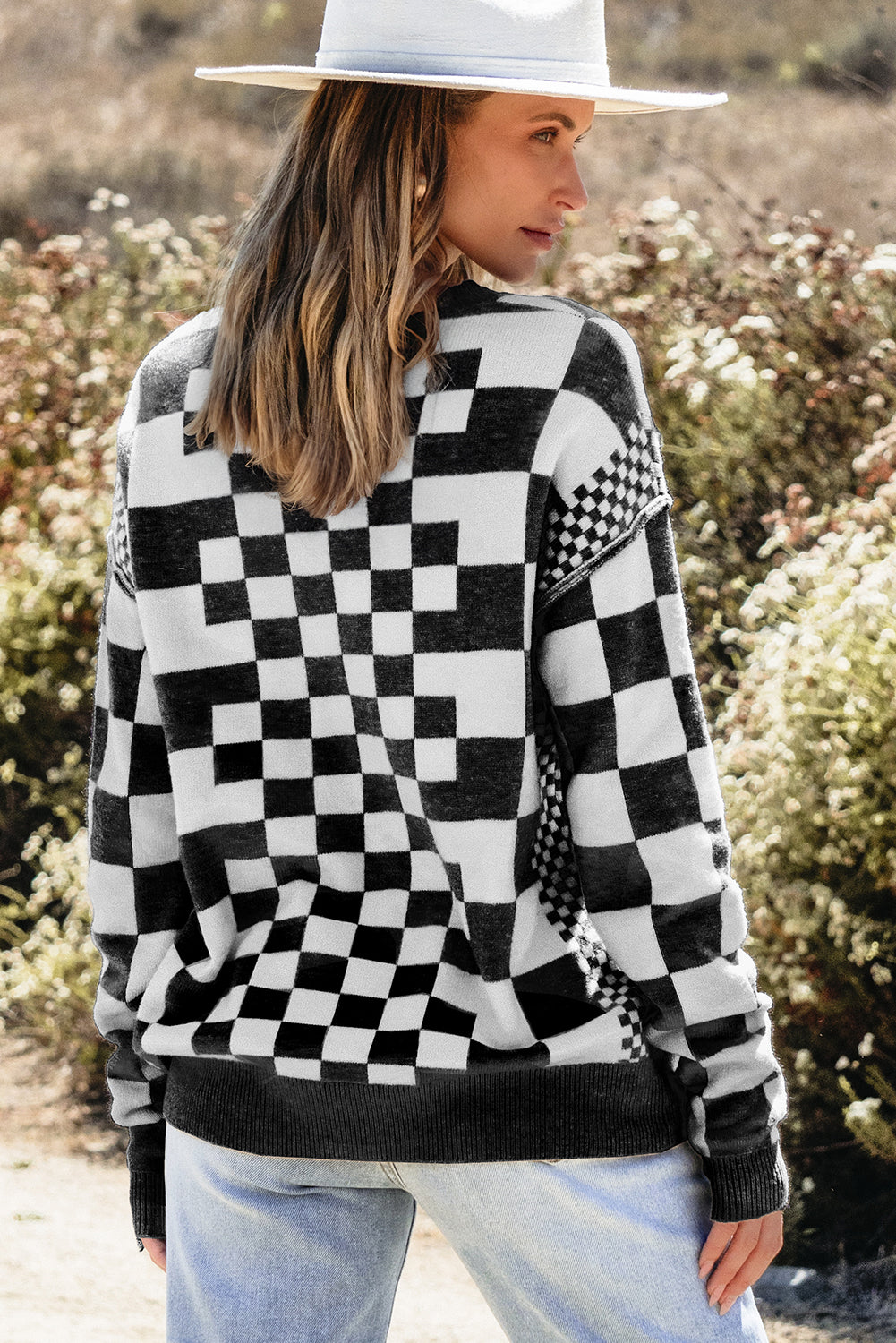 Black Checkered Round Neck Sweater