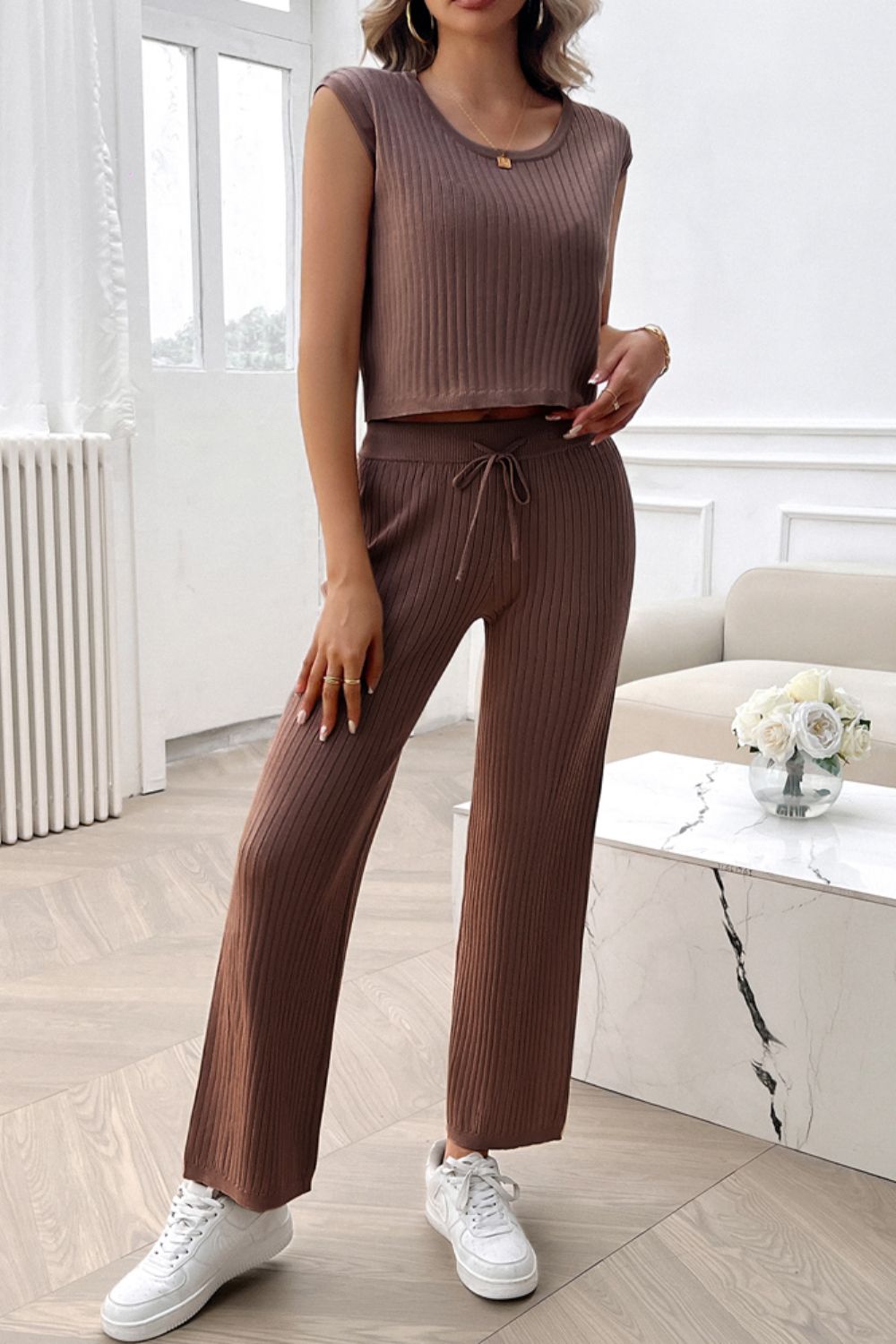 Ribbed Round Neck Top and Pants Set - JassyBae