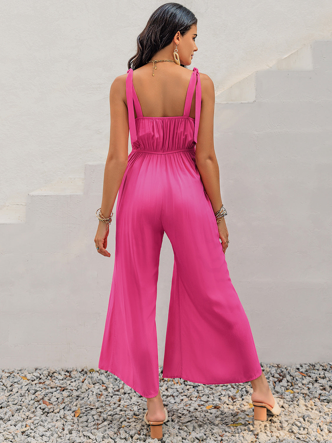 V-Neck Wide Strap Slit Jumpsuit - JassyBae