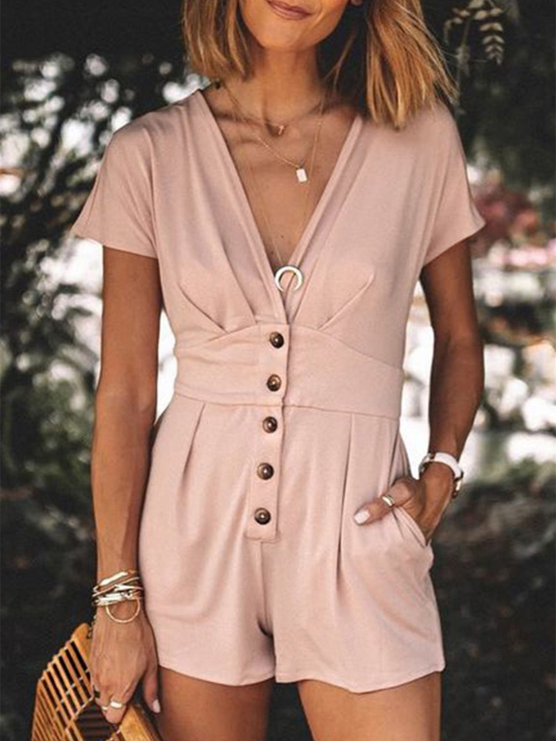 Ruched V-Neck Romper with Pockets - JassyBae