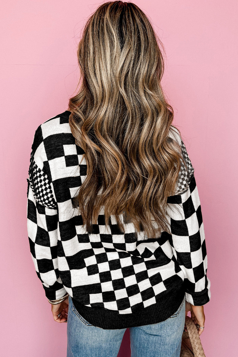 Black Checkered Round Neck Sweater