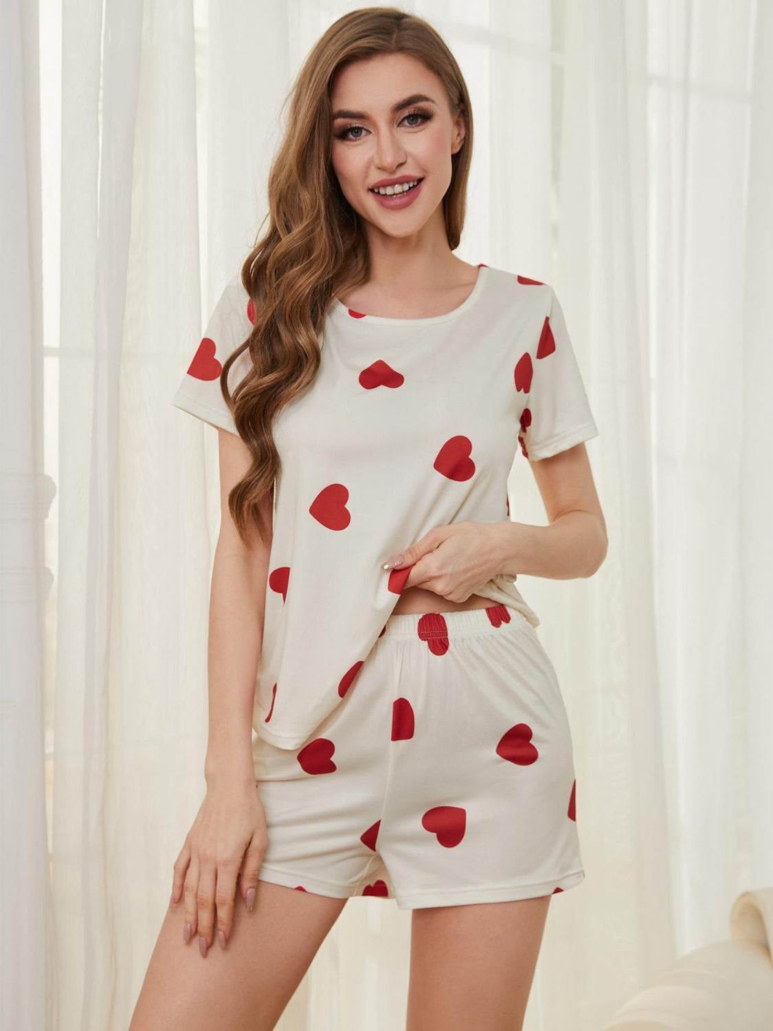 Heart Round Neck Top and Shorts Lounge Set - JassyBae