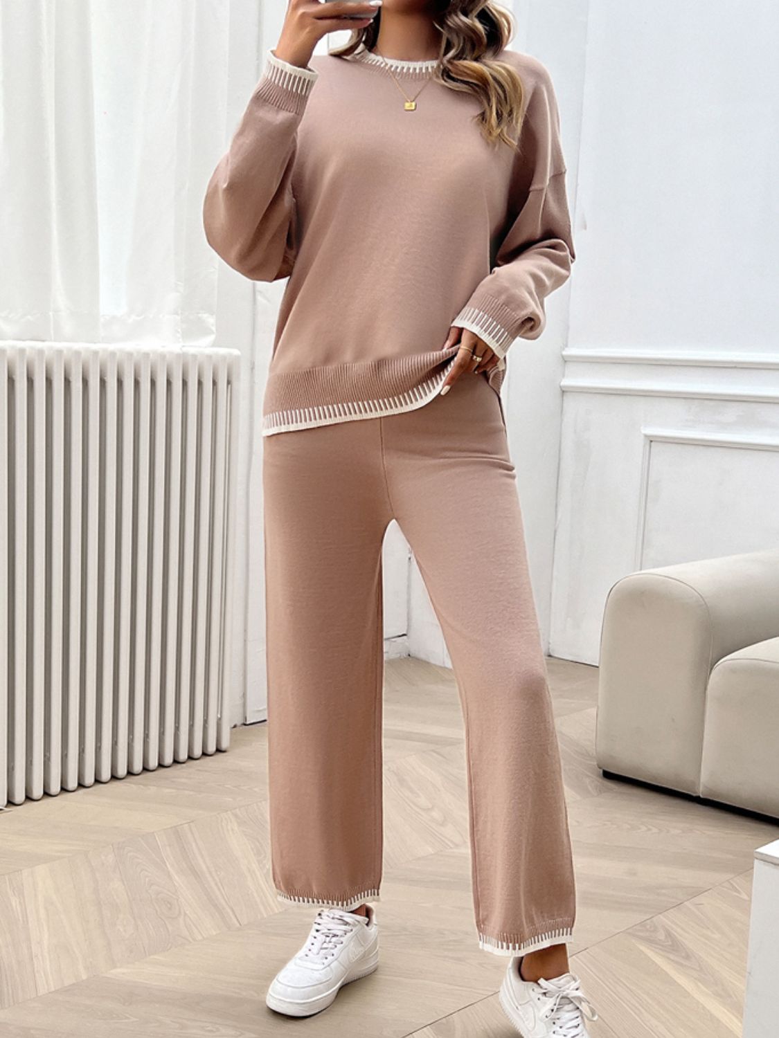 Round Neck Dropped Shoulder Top and Pants Sweater Set - JassyBae