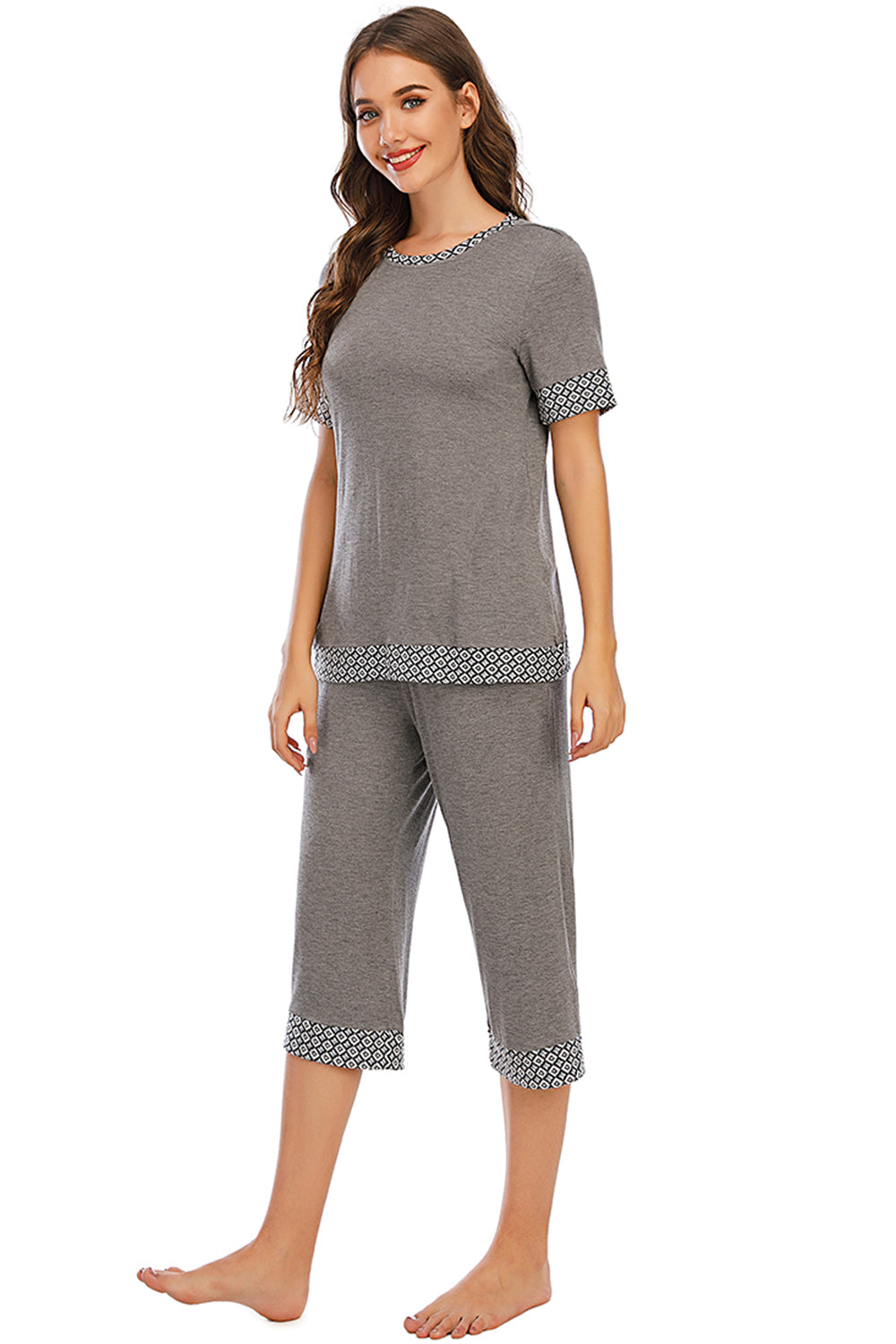 Round Neck Short Sleeve Top and Capris Pants Lounge Set - JassyBae