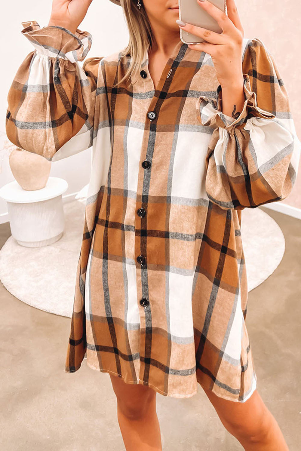 Khaki Plaid Shirt Dress