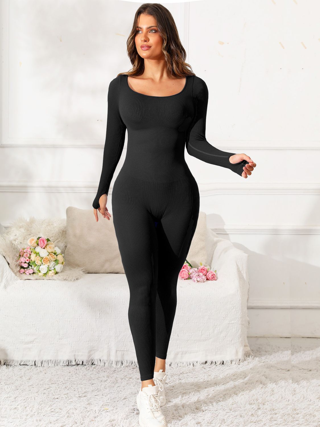 Scoop Neck Long Sleeve Active Jumpsuit - JassyBae