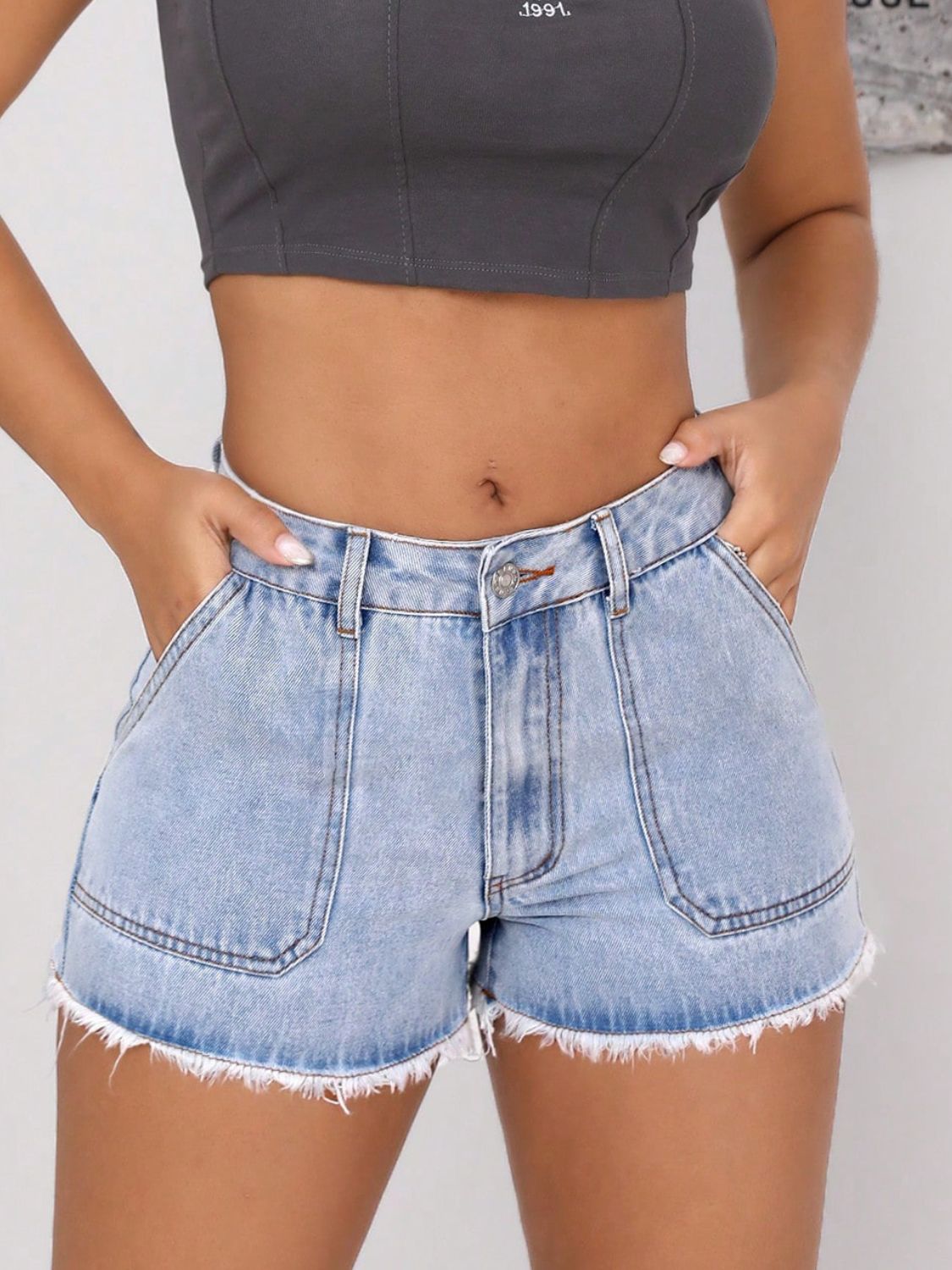 Raw Hem Pocketed Denim Shorts - JassyBae