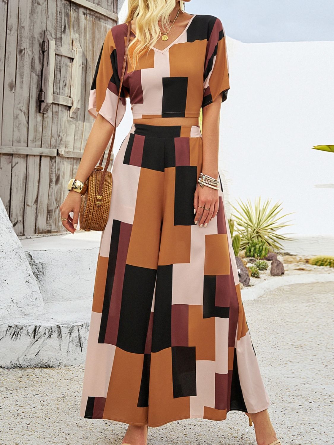 Color Block V-Neck Top and Wide Leg Pants Set