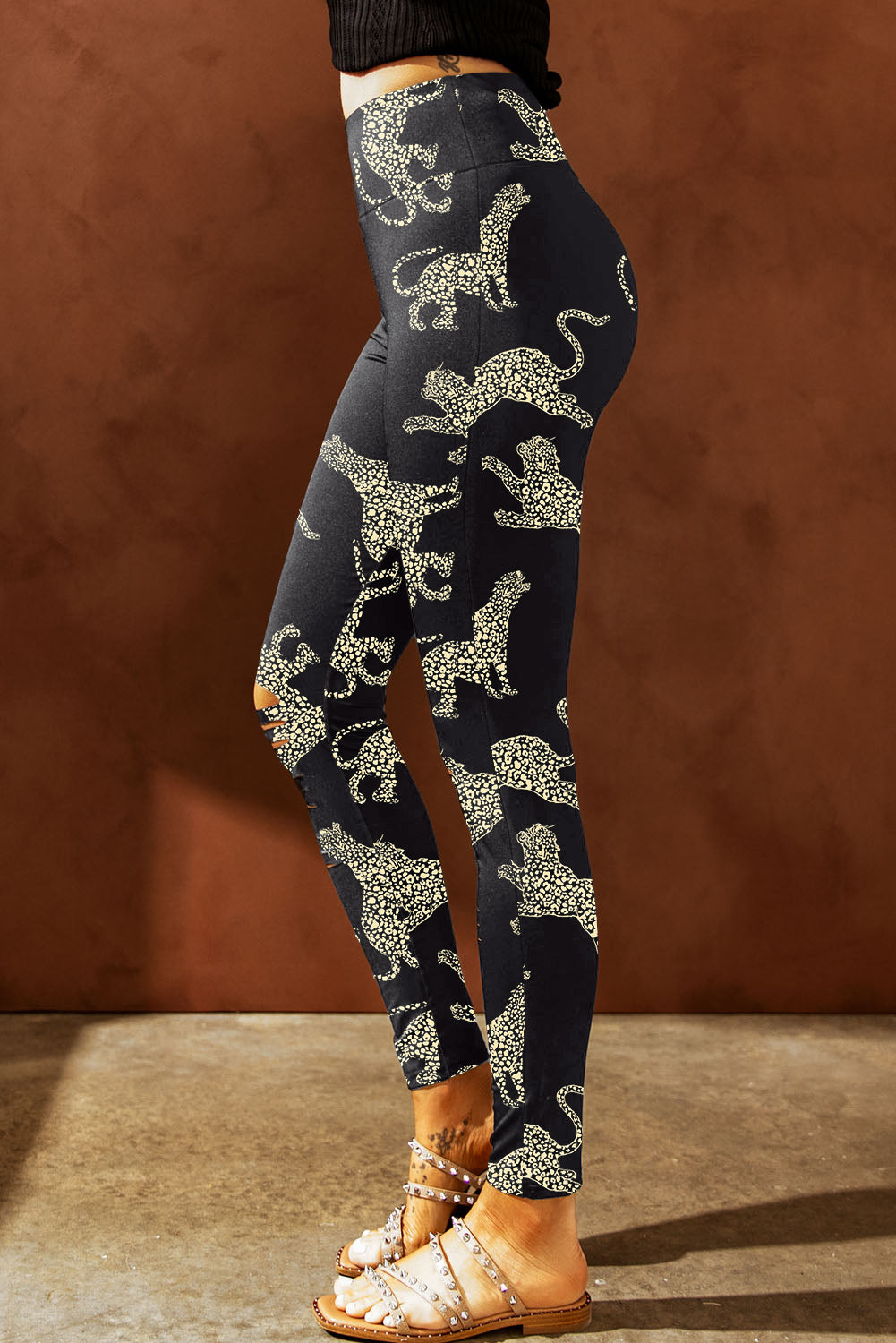 Animal Printed Distressed High Waist Leggings - JassyBae