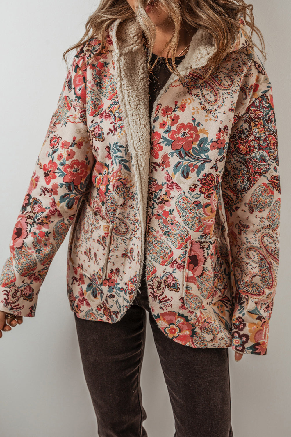 Floral Printed Sherpa Lined Hooded Jacket