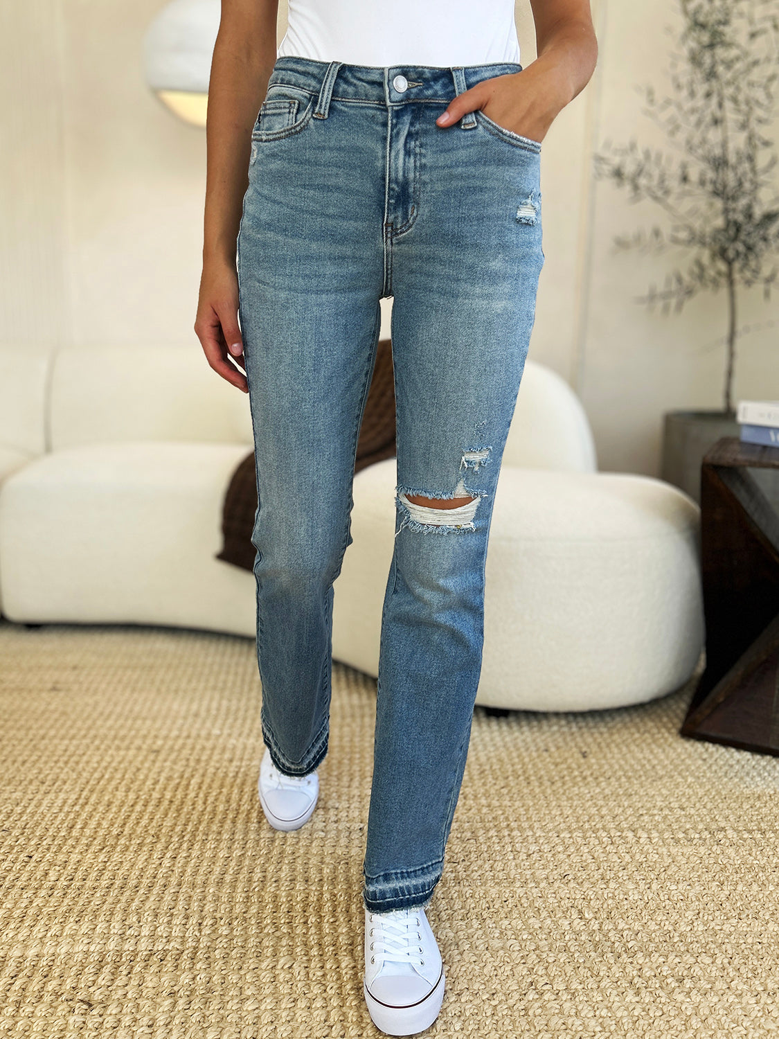 Judy Blue Full Size Mid Rise Destroyed Hem Distressed Jeans - JassyBae