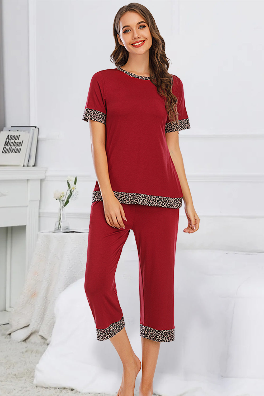 Round Neck Short Sleeve Top and Capris Pants Lounge Set - JassyBae