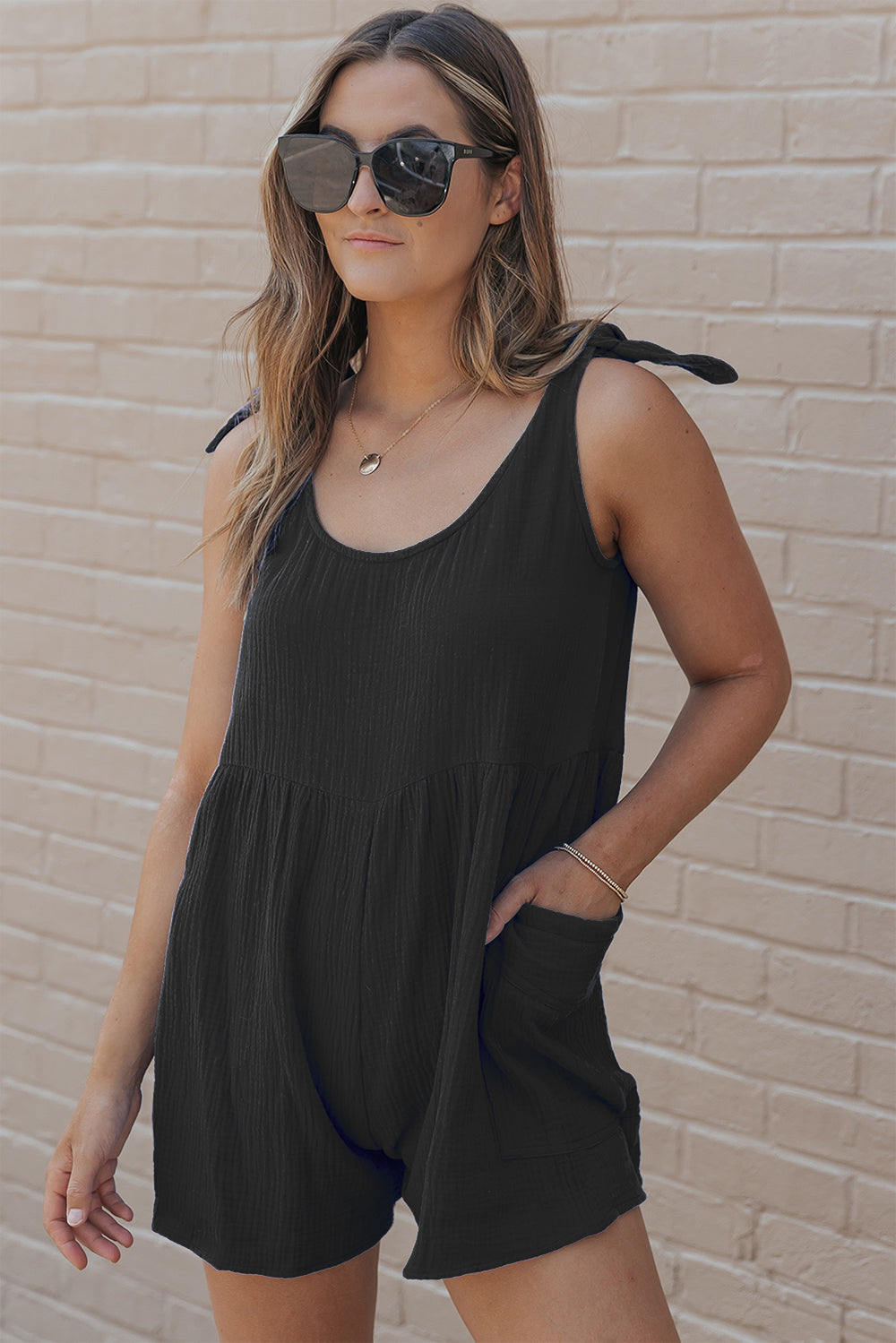 Scoop Neck Tie Shoulder Romper - JassyBae